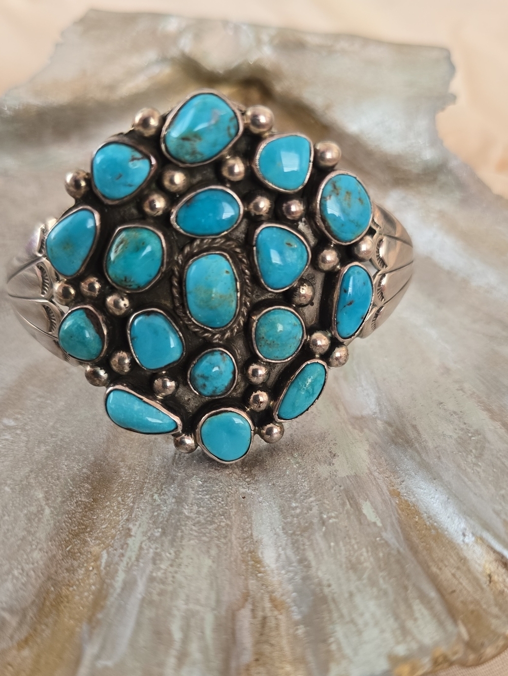 Vintage Sterling Silver Turquoise Cluster Cuff Bracelet